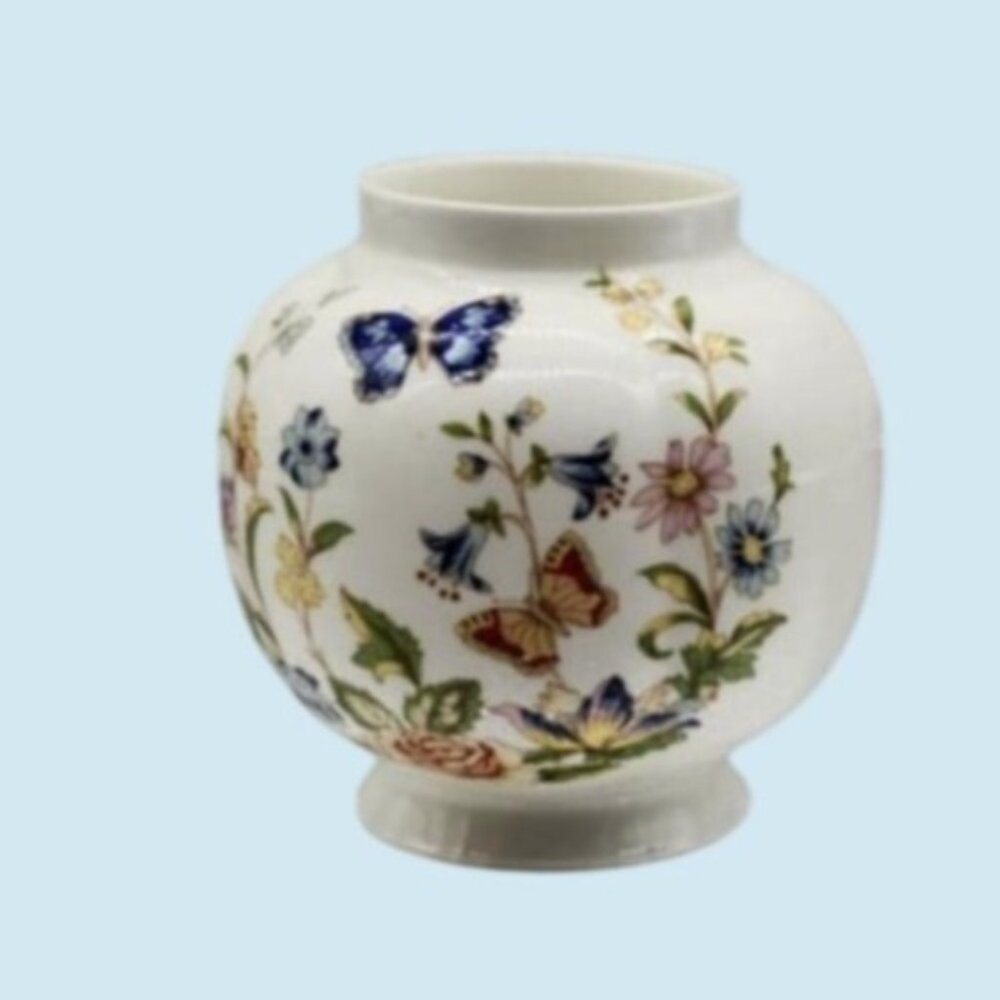 Vintage Aynsley Cottage Garden Porcelain Vase With Butterfly & Floral Design